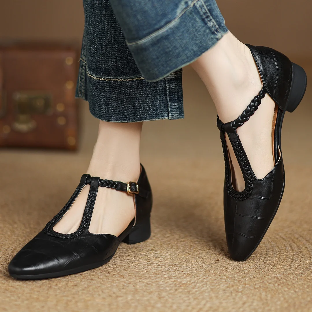 Women's T-Strap Mary Jane Flats Braided Leather Round Toe Buckle Work Casual Walking - Lolly 