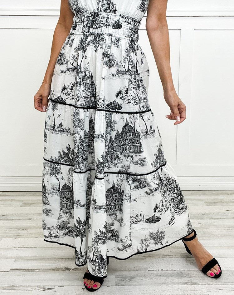 Women's Toile Midi Dress Smocked Waist Tiered Skirt Floral Spring Garden Casual Summer Elegant – Camille - Lolly 