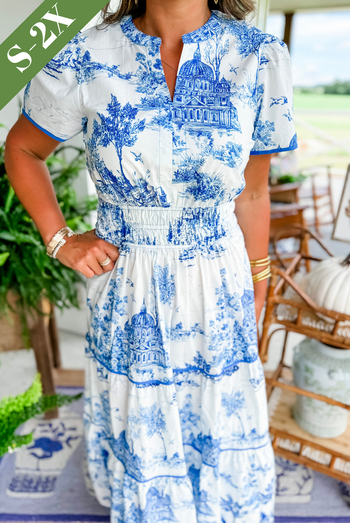 Women's Toile Midi Dress Smocked Waist Tiered Skirt Floral Spring Garden Casual Summer Elegant – Camille - Lolly 