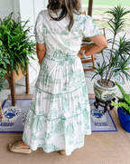 Women's Toile Midi Dress Smocked Waist Tiered Skirt Floral Spring Garden Casual Summer Elegant – Camille - Lolly 