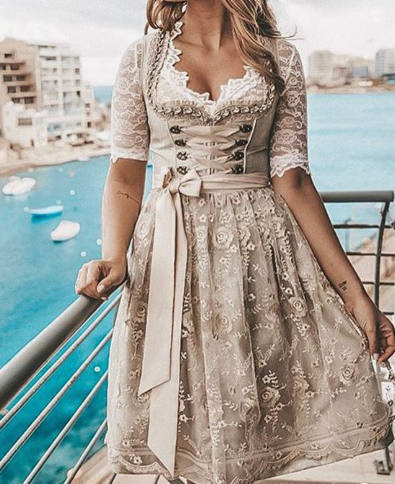Women's Traditional Dirndl Dress Laced Bodice Lace Blouse Cotton Oktoberfest Bavarian Costume – Heidi - Lolly 