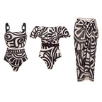 Women's Tribal Print One-Piece Swimsuit & Long Skirt Set Adjustable Straps Beach Vacation Pool Party Summer Resort – Black & White - Lolly 