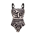 Women's Tribal Print One-Piece Swimsuit & Long Skirt Set Adjustable Straps Beach Vacation Pool Party Summer Resort – Black & White - Lolly 