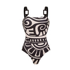 Women's Tribal Print One-Piece Swimsuit & Long Skirt Set Adjustable Straps Beach Vacation Pool Party Summer Resort – Black & White - Lolly 