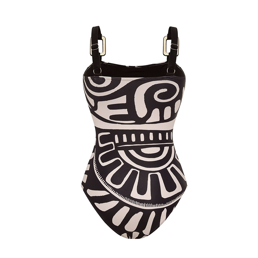 Women's Tribal Print One-Piece Swimsuit & Long Skirt Set Adjustable Straps Beach Vacation Pool Party Summer Resort – Black & White - Lolly 