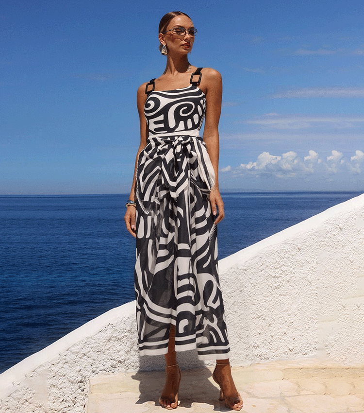 Women's Tribal Print One-Piece Swimsuit & Long Skirt Set Adjustable Straps Beach Vacation Pool Party Summer Resort – Black & White - Lolly 
