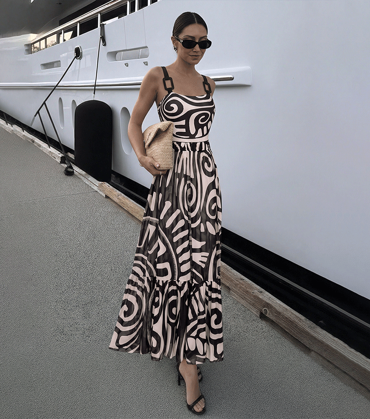 Women's Tribal Print One-Piece Swimsuit & Long Skirt Set Adjustable Straps Beach Vacation Pool Party Summer Resort – Black & White - Lolly 