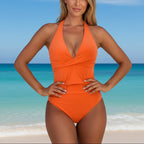 Women's Twist Front Halter One-Piece Swimsuit Deep V-Neck Ruched High Cut Sculpting Beach Summer Swimwear - Lolly 