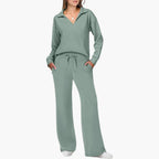 Women's Two-Piece Set V-Neck Long Sleeve Top Loose Wide-Leg Pants Pockets Casual Everyday Comfort - Lolly 