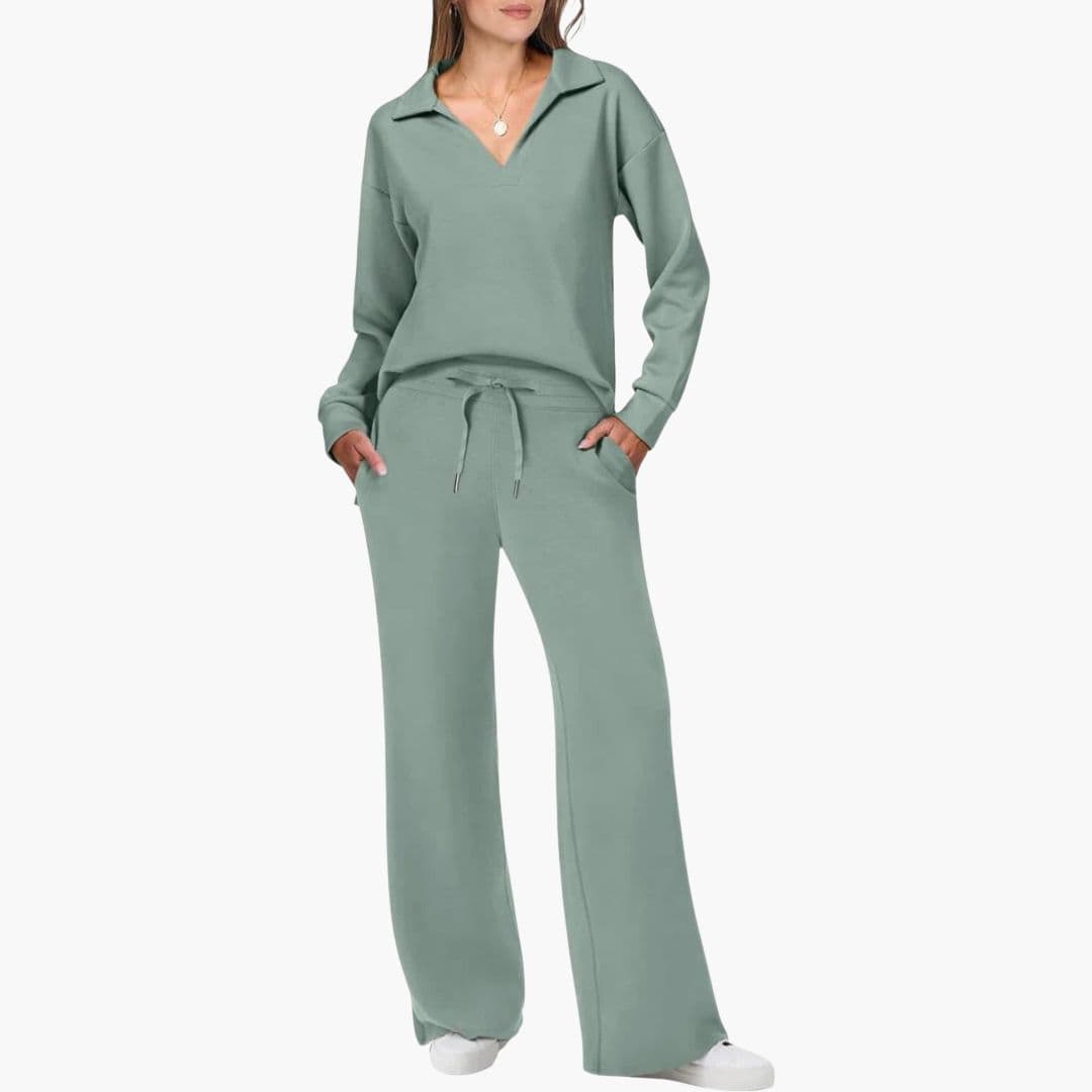 Women's Two-Piece Set V-Neck Long Sleeve Top Loose Wide-Leg Pants Pockets Casual Everyday Comfort - Lolly 
