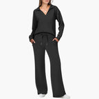 Women's Two-Piece Set V-Neck Long Sleeve Top Loose Wide-Leg Pants Pockets Casual Everyday Comfort - Lolly 