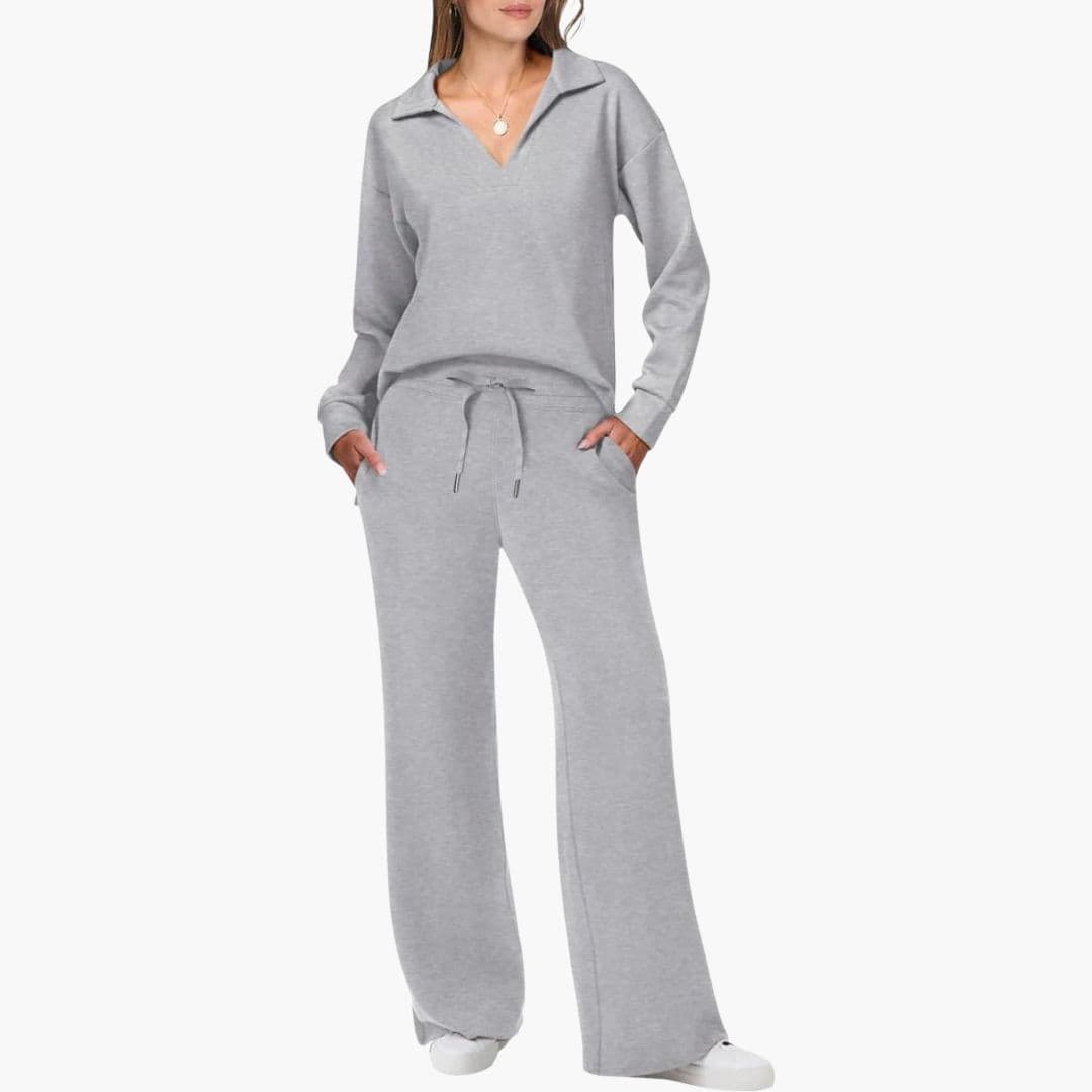 Women's Two-Piece Set V-Neck Long Sleeve Top Loose Wide-Leg Pants Pockets Casual Everyday Comfort - Lolly 