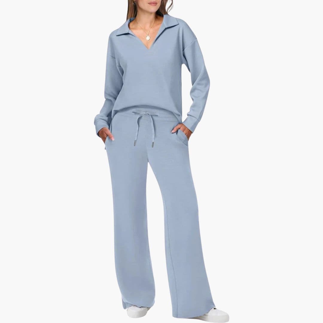 Women's Two-Piece Set V-Neck Long Sleeve Top Loose Wide-Leg Pants Pockets Casual Everyday Comfort - Lolly 