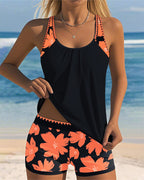 Women's U-Neck Sleeveless Loose Tankini Set Floral Boxer Shorts Beach Pool Vacation Resort Summer Active – Paradiso - Lolly 
