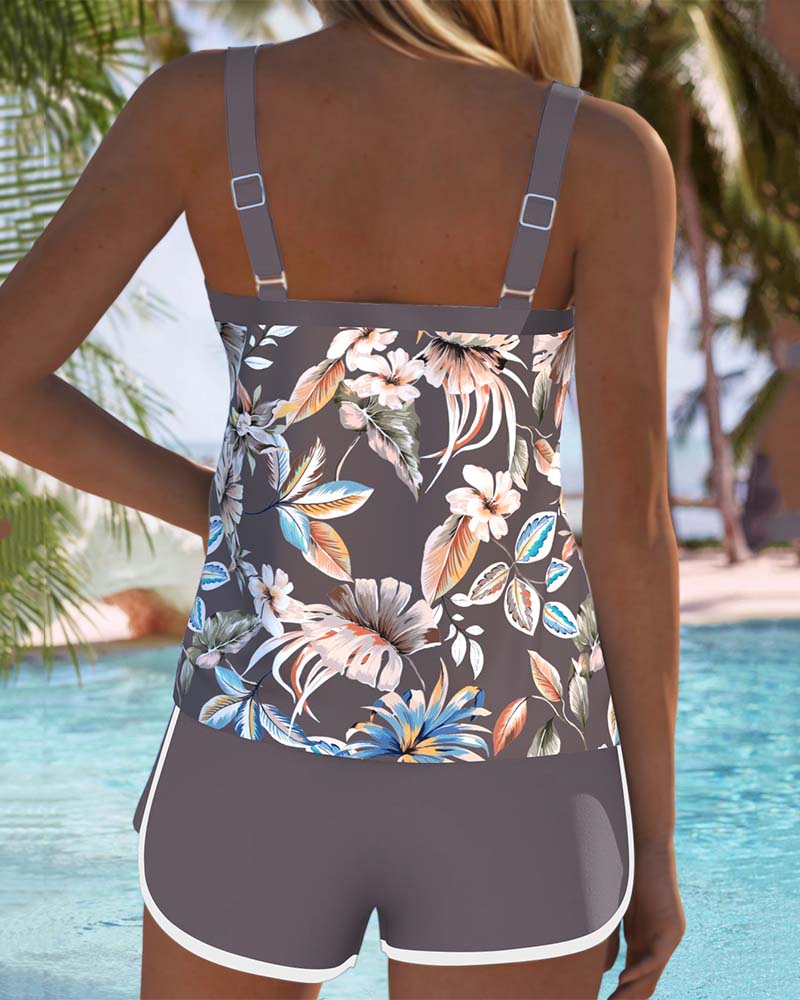 Women's U-Neck Sleeveless Printed Tankini Set Botanical Tropical Top Swim Shorts Beach Pool Vacation Resort Summer – Botanica - Lolly 