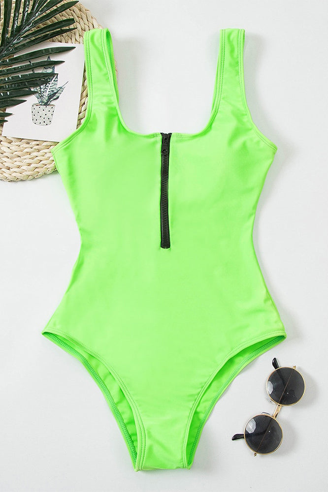 Women's V-Neck Hollow Zipper One-Piece Swimsuit Retro Delta Wing High Cut Sculpting Beach Summer Swimwear - Lolly 