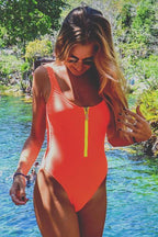 Women's V-Neck Hollow Zipper One-Piece Swimsuit Retro Delta Wing High Cut Sculpting Beach Summer Swimwear - Lolly 