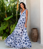 Women's V-Neck Lace-Up Floral Printed One-Piece Swimsuit & Long Skirt Set Tie Shoulder Beach Vacation Resort Pool Party Cruise Honeymoon – Blue & White - Lolly 
