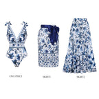 Women's V-Neck Lace-Up Floral Printed One-Piece Swimsuit & Long Skirt Set Tie Shoulder Beach Vacation Resort Pool Party Cruise Honeymoon – Blue & White - Lolly 