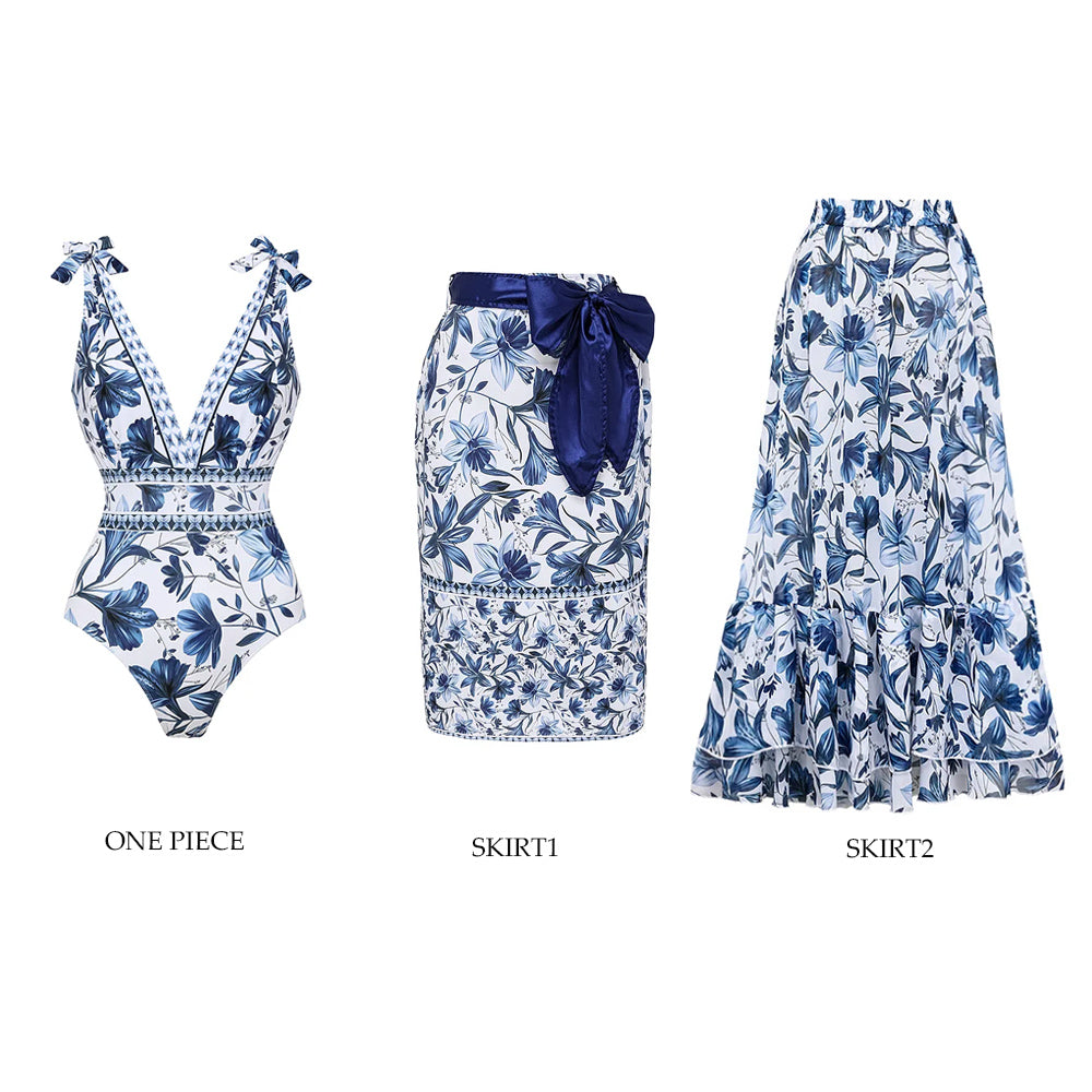 Women's V-Neck Lace-Up Floral Printed One-Piece Swimsuit & Long Skirt Set Tie Shoulder Beach Vacation Resort Pool Party Cruise Honeymoon – Blue & White - Lolly 