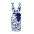 Women's V-Neck Lace-Up Floral Printed One-Piece Swimsuit & Long Skirt Set Tie Shoulder Beach Vacation Resort Pool Party Cruise Honeymoon – Blue & White - Lolly 