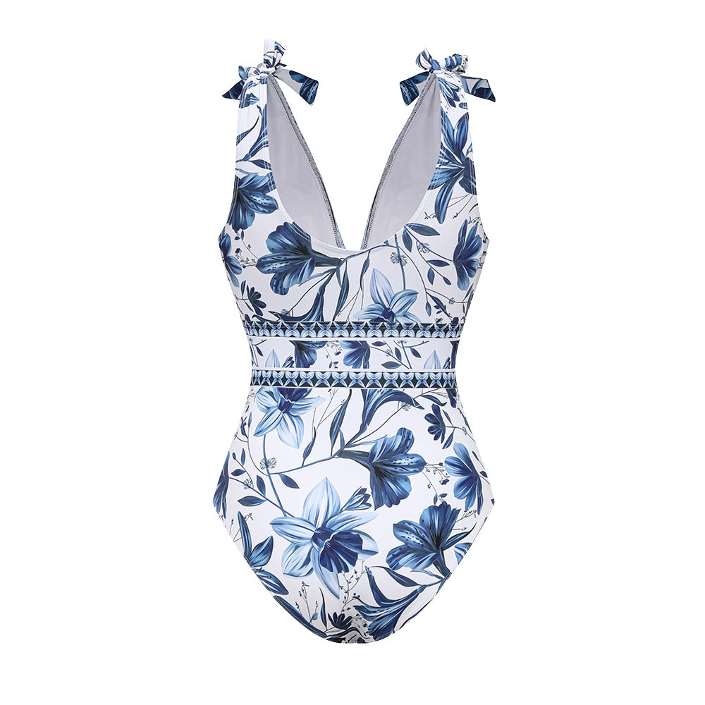 Women's V-Neck Lace-Up Floral Printed One-Piece Swimsuit & Long Skirt Set Tie Shoulder Beach Vacation Resort Pool Party Cruise Honeymoon – Blue & White - Lolly 