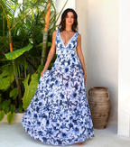 Women's V-Neck Lace-Up Floral Printed One-Piece Swimsuit & Long Skirt Set Tie Shoulder Beach Vacation Resort Pool Party Cruise Honeymoon – Blue & White - Lolly 