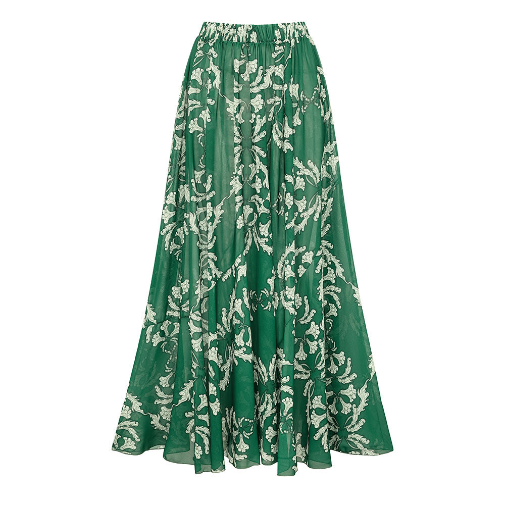 Women's V-Neck Lace-Up Printed One-Piece Swimsuit & Long Skirt Set Casual Beach Vacation Summer Resort Cover-Up – Green Floral - Lolly 