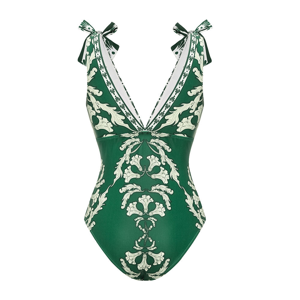 Women's V-Neck Lace-Up Printed One-Piece Swimsuit & Long Skirt Set Casual Beach Vacation Summer Resort Cover-Up – Green Floral - Lolly 