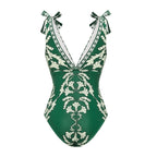 Women's V-Neck Lace-Up Printed One-Piece Swimsuit & Long Skirt Set Casual Beach Vacation Summer Resort Cover-Up – Green Floral - Lolly 