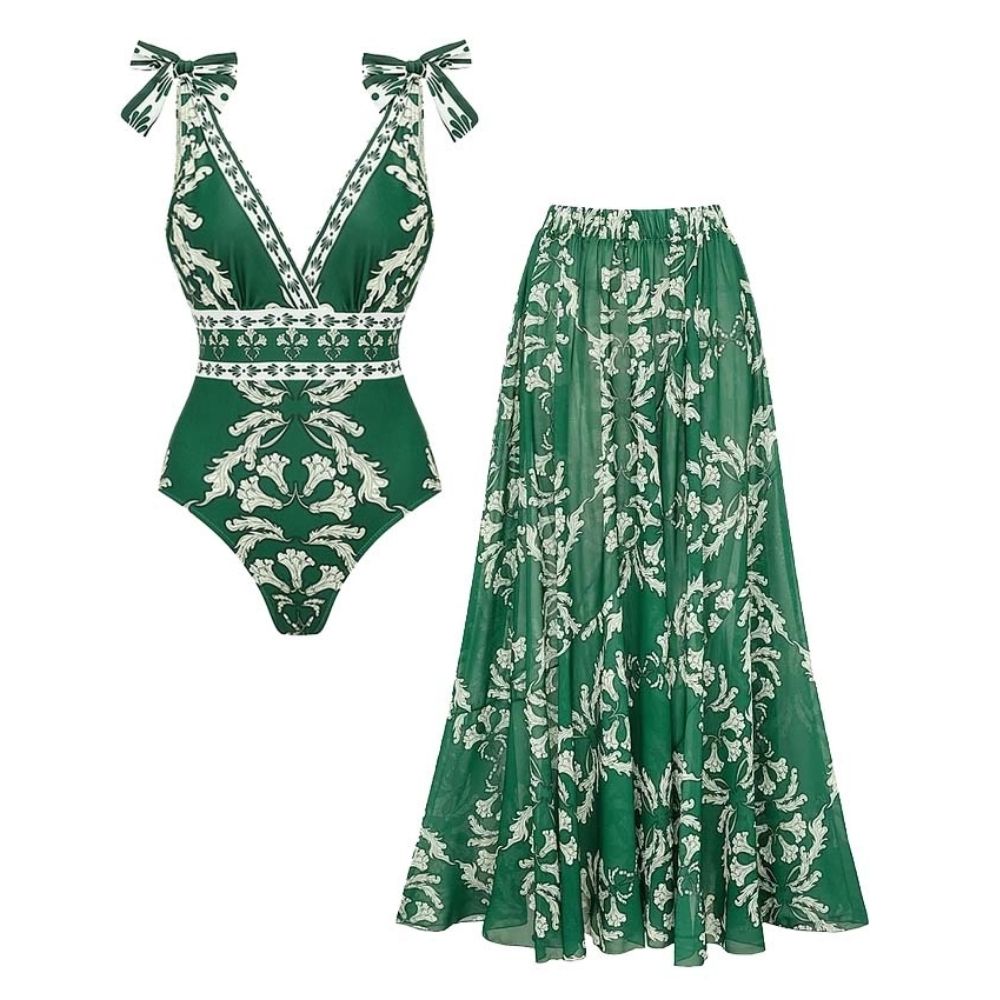 Women's V-Neck Lace-Up Printed One-Piece Swimsuit & Long Skirt Set Casual Beach Vacation Summer Resort Cover-Up – Green Floral - Lolly 