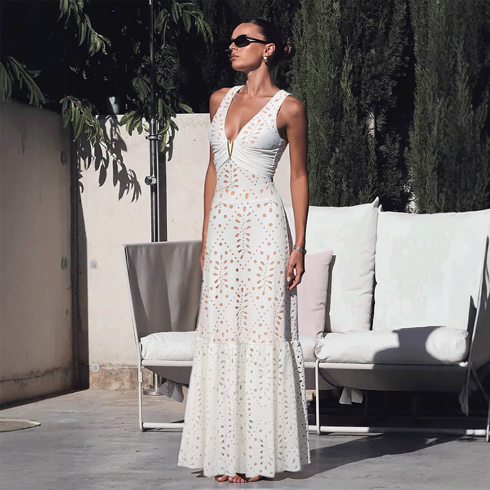 Women's V-Neck Laser Cut Floral Hollow-Out One-Piece Swimsuit & Long Skirt Set Beach Vacation Resort Pool Party Cruise Honeymoon – White - Lolly 