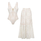 Women's V-Neck Laser Cut Floral Hollow-Out One-Piece Swimsuit & Long Skirt Set Beach Vacation Resort Pool Party Cruise Honeymoon – White - Lolly 