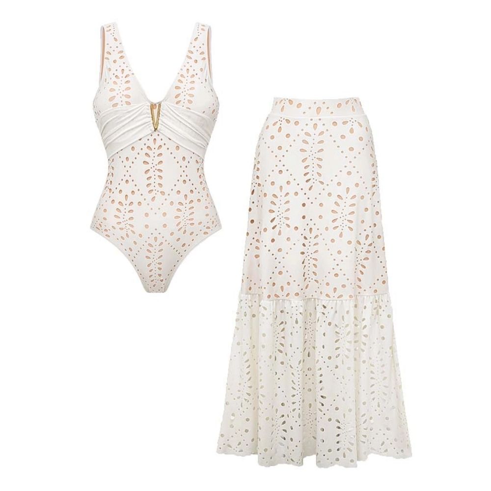 Women's V-Neck Laser Cut Floral Hollow-Out One-Piece Swimsuit & Long Skirt Set Beach Vacation Resort Pool Party Cruise Honeymoon – White - Lolly 