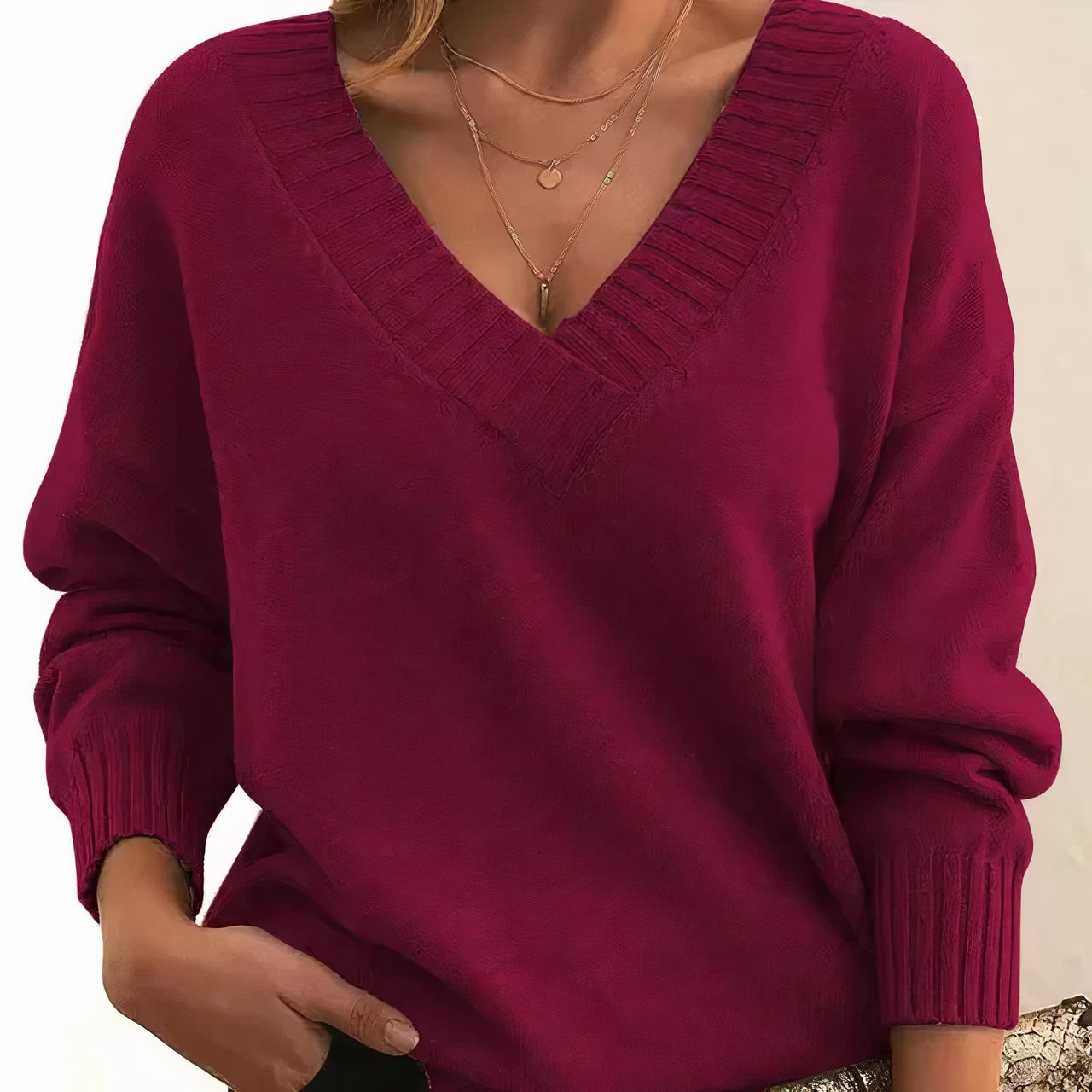 Women's V-Neck Long Sleeve Knit Sweater Cashmere Blend Pullover Casual Winter - Lolly 