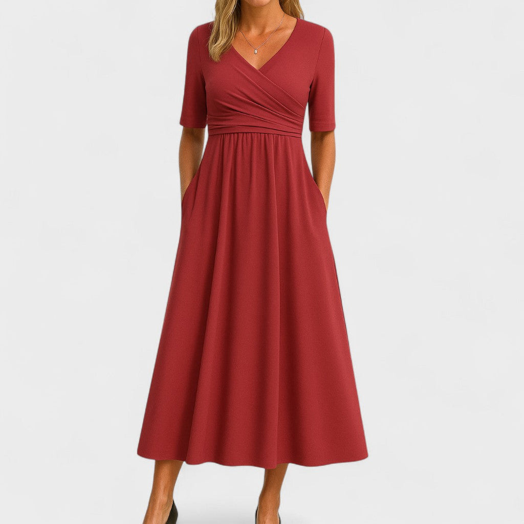 Women's V-Neck Short Sleeve Jersey Midi Dress Wedding Guest Formal Elegant Casual Wrap – Jessica - Lolly 