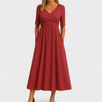 Women's V-Neck Short Sleeve Jersey Midi Dress Wedding Guest Formal Elegant Casual Wrap – Jessica - Lolly 