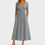 Women's V-Neck Short Sleeve Jersey Midi Dress Wedding Guest Formal Elegant Casual Wrap – Jessica - Lolly 