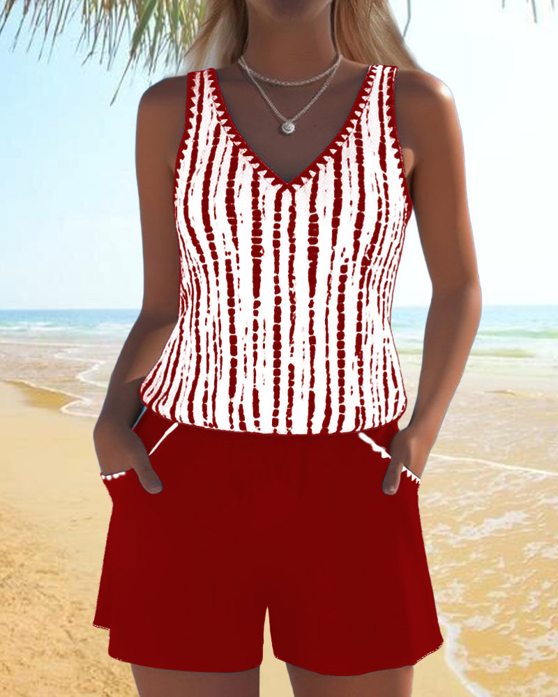 Women's V-Neck Striped Pocket Tankini Set Solid Shorts Beach Pool Vacation Resort Casual Summer Active – Nautica - Lolly 