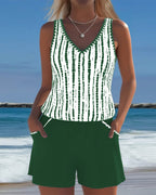 Women's V-Neck Striped Pocket Tankini Set Solid Shorts Beach Pool Vacation Resort Casual Summer Active – Nautica - Lolly 