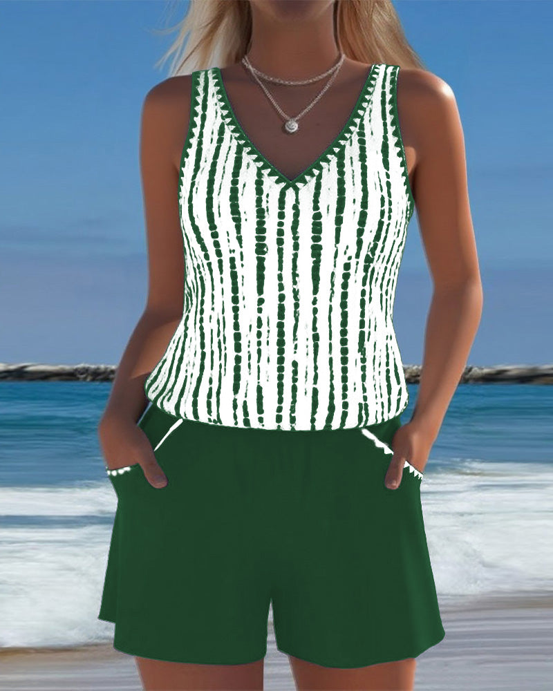 Women's V-Neck Striped Pocket Tankini Set Solid Shorts Beach Pool Vacation Resort Casual Summer Active – Nautica - Lolly 