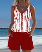 Women's V-Neck Striped Pocket Tankini Set Solid Shorts Beach Pool Vacation Resort Casual Summer Active – Nautica - Lolly 