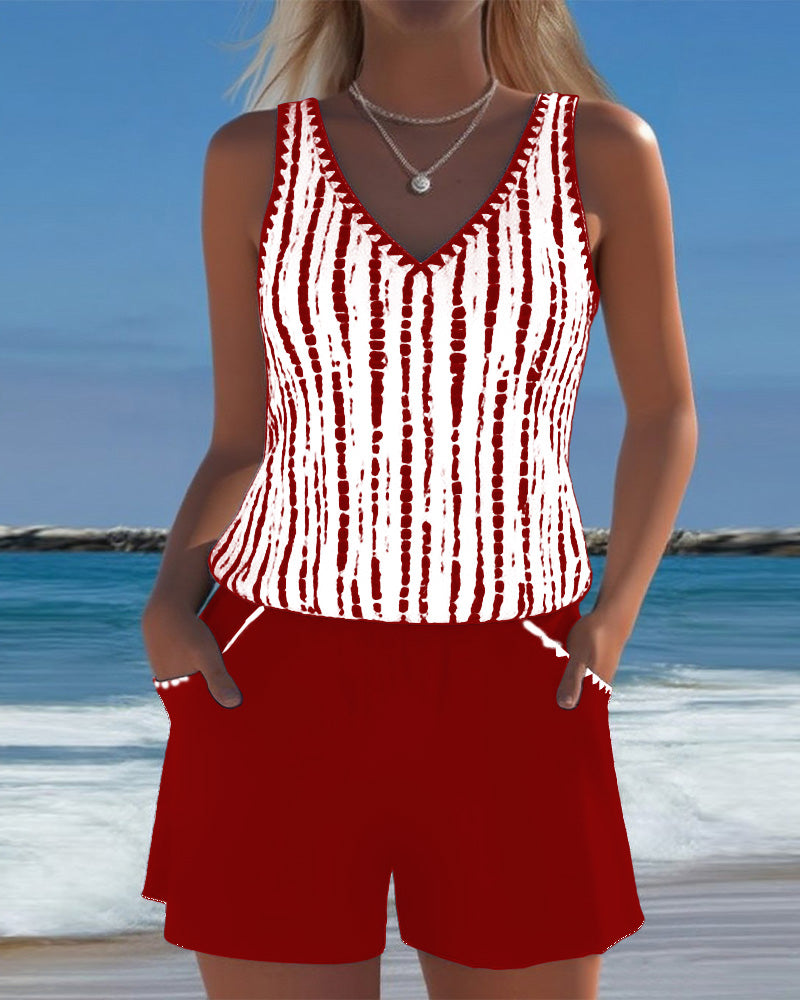 Women's V-Neck Striped Pocket Tankini Set Solid Shorts Beach Pool Vacation Resort Casual Summer Active – Nautica - Lolly 