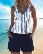 Women's V-Neck Striped Pocket Tankini Set Solid Shorts Beach Pool Vacation Resort Casual Summer Active – Nautica - Lolly 