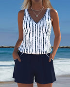 Women's V-Neck Striped Pocket Tankini Set Solid Shorts Beach Pool Vacation Resort Casual Summer Active – Nautica - Lolly 