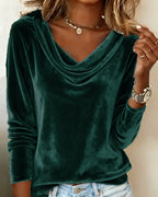 Women's Velvet Cowl Neck Long Sleeve Top Casual Elegant Everyday Work Party Holiday Festive Soft – Veloria - Lolly 