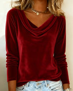 Women's Velvet Cowl Neck Long Sleeve Top Casual Elegant Everyday Work Party Holiday Festive Soft – Veloria - Lolly 