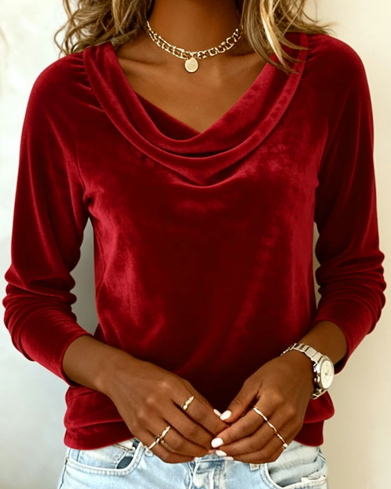 Women's Velvet Cowl Neck Long Sleeve Top Casual Elegant Everyday Work Party Holiday Festive Soft – Veloria - Lolly 