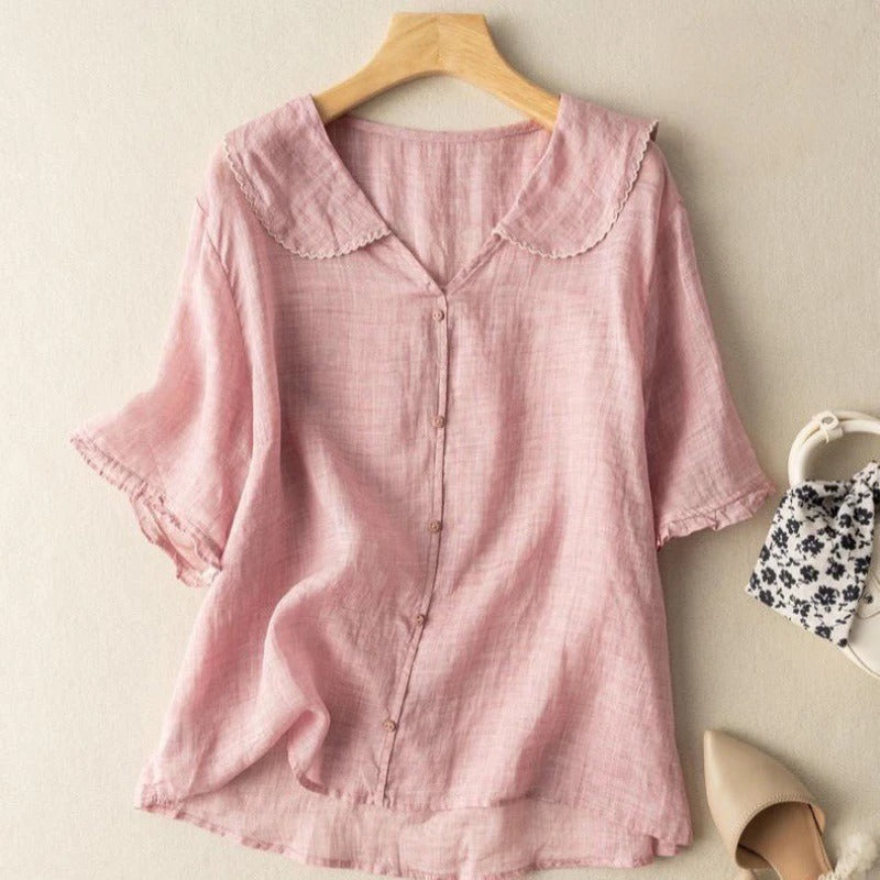 Women's Vintage Blouse Button Detail Peter Pan Collar Long Sleeve Soft Casual Elegant – Kristi - Lolly 