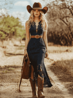 Women's Vintage Boho Lace Sleeveless Midi Dress Cowgirl Garden Party Everyday Romantic – Navy Blue - Lolly 